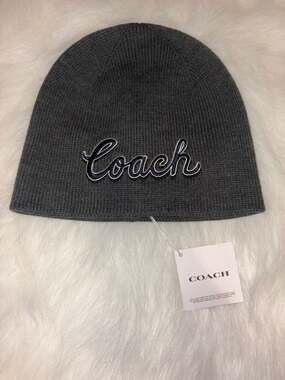 Coach Script Print Knit Beanie, Charcoal, One Size